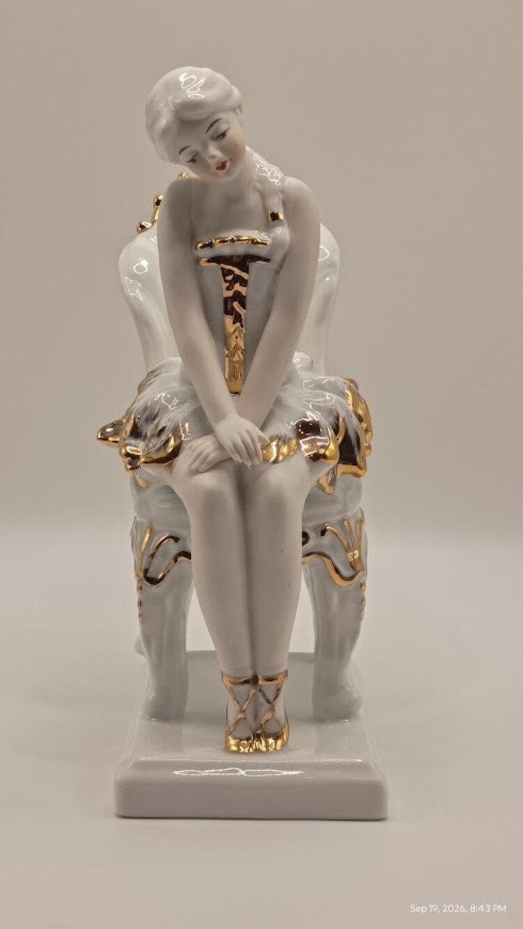 Vintage Porcelain Ballerina Figurine Seated Chair White Gold Gilt Ballet Dancer